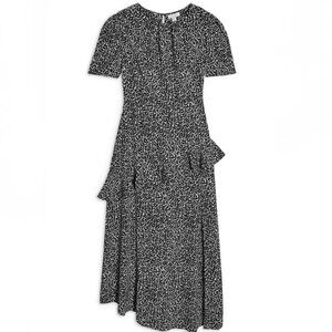 TopShop Leopard Ruffle Midi Dress Black White Womens 4 Puff Sleeve Animal Prinit